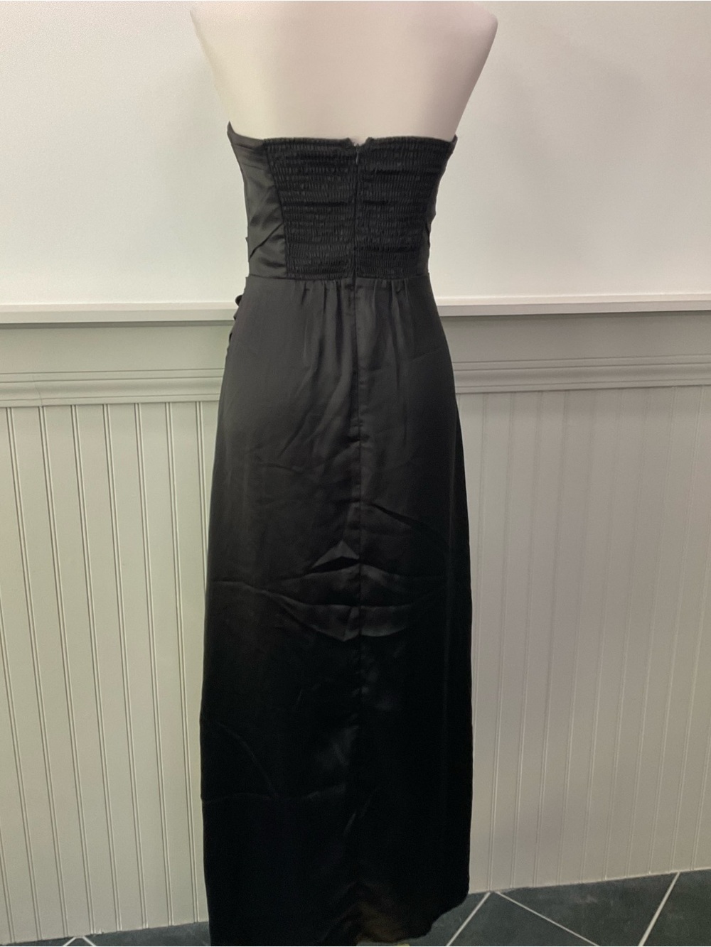 Petal & Pup Black Satin Strapless Midi Dress Small Side Slit NWOT - Picture 2 of 6